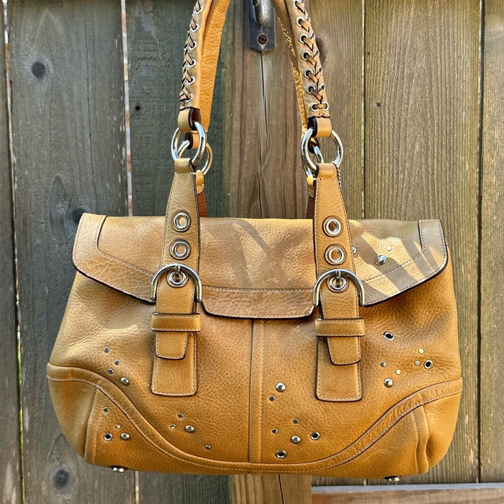 Camel Tan Coach Leather Studded Shoulder Bag gorgeous!